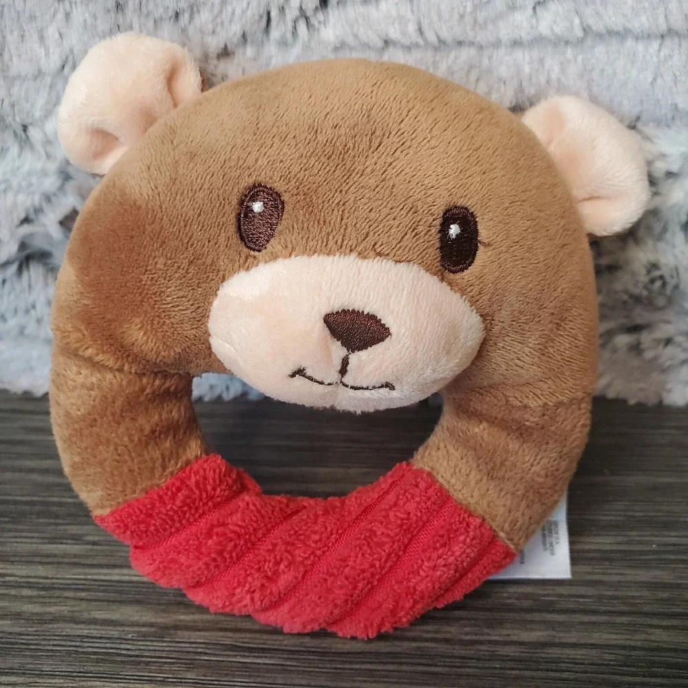 Grin & Grow‎ Plush Textured Brown And Red Teddy Bear Infant Rattle